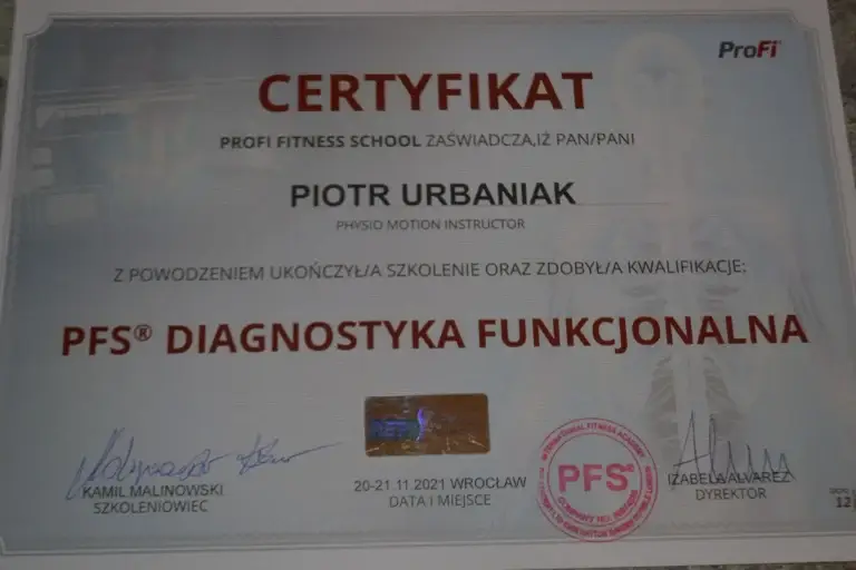 Certyfikat PFS Diagnostyka funkcjonalna – Piotr Urbaniak