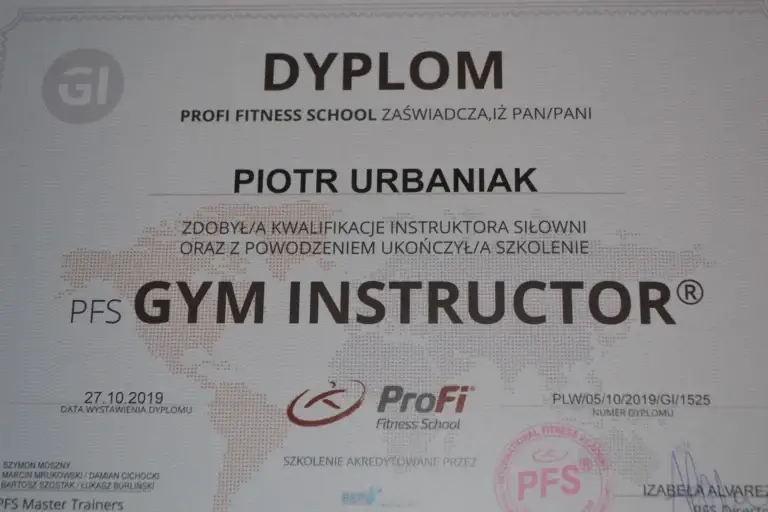 Dyplom Gym Instructor – Piotr Urbaniak